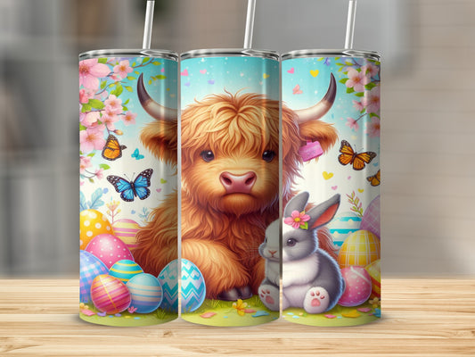 Highland cow and Easter bunny with colorful eggs and butterflies on a floral background.