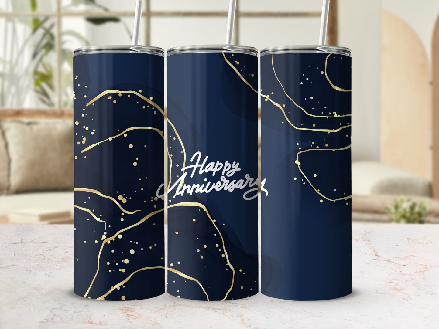 Dark blue tumbler with gold abstract swirls and "Happy Anniversary" text.