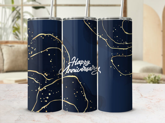 Dark blue tumbler with gold abstract swirls and "Happy Anniversary" text.