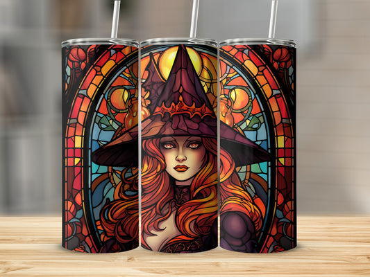 Witch with fiery hair and stained-glass background on a tumbler.