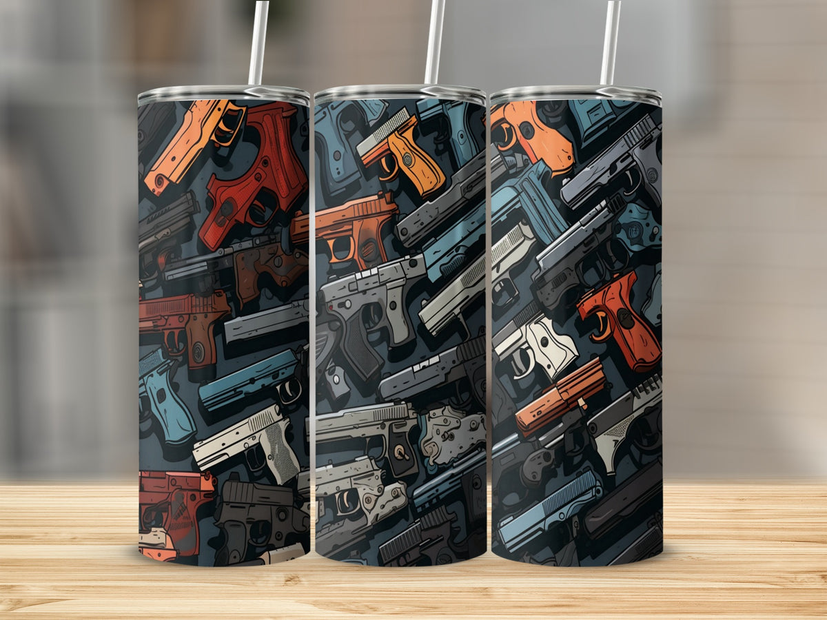 Tumblers with a repeating pattern of various handguns in different colors.