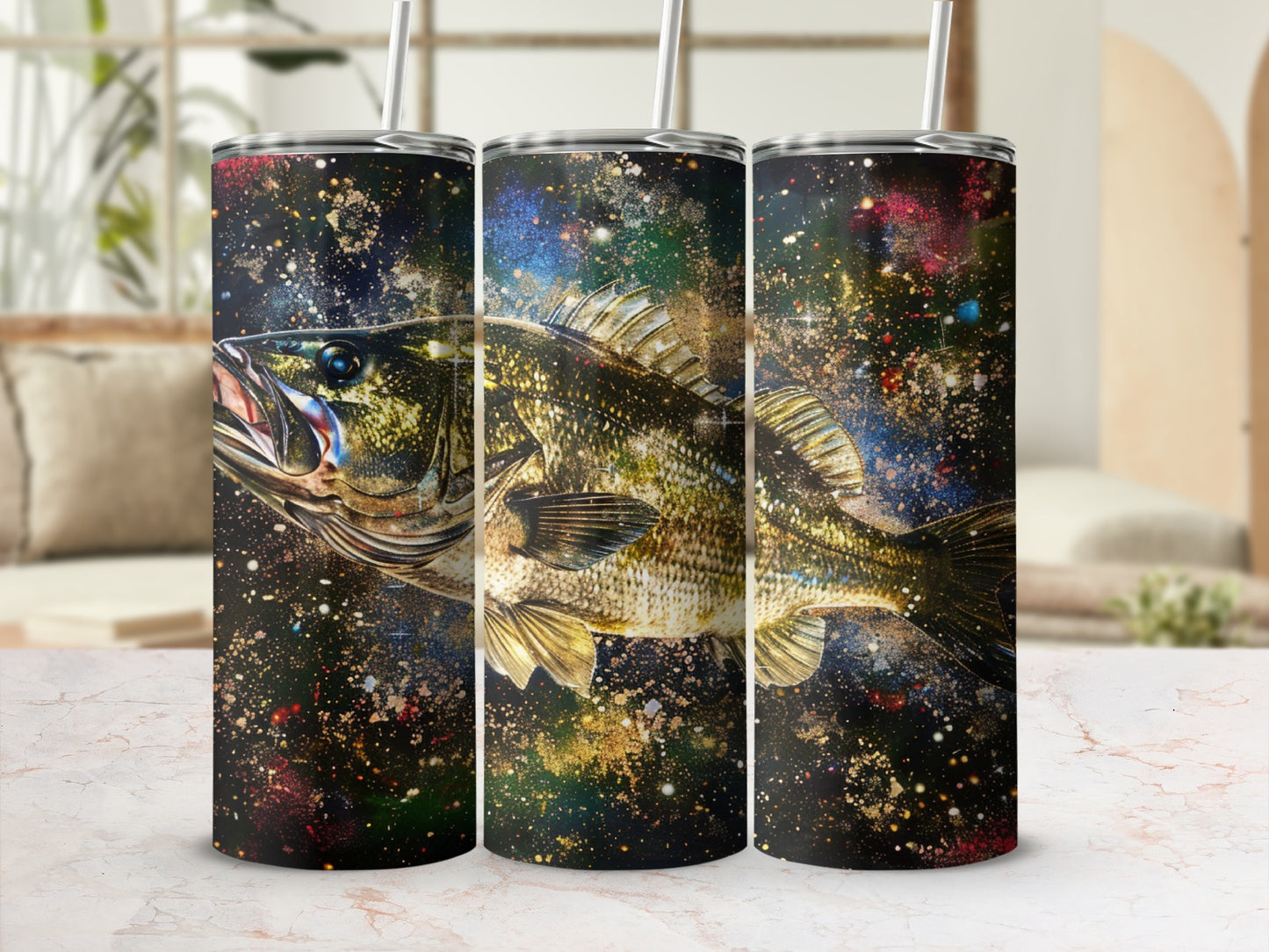 Large mouth bass with colorful cosmic splash background.