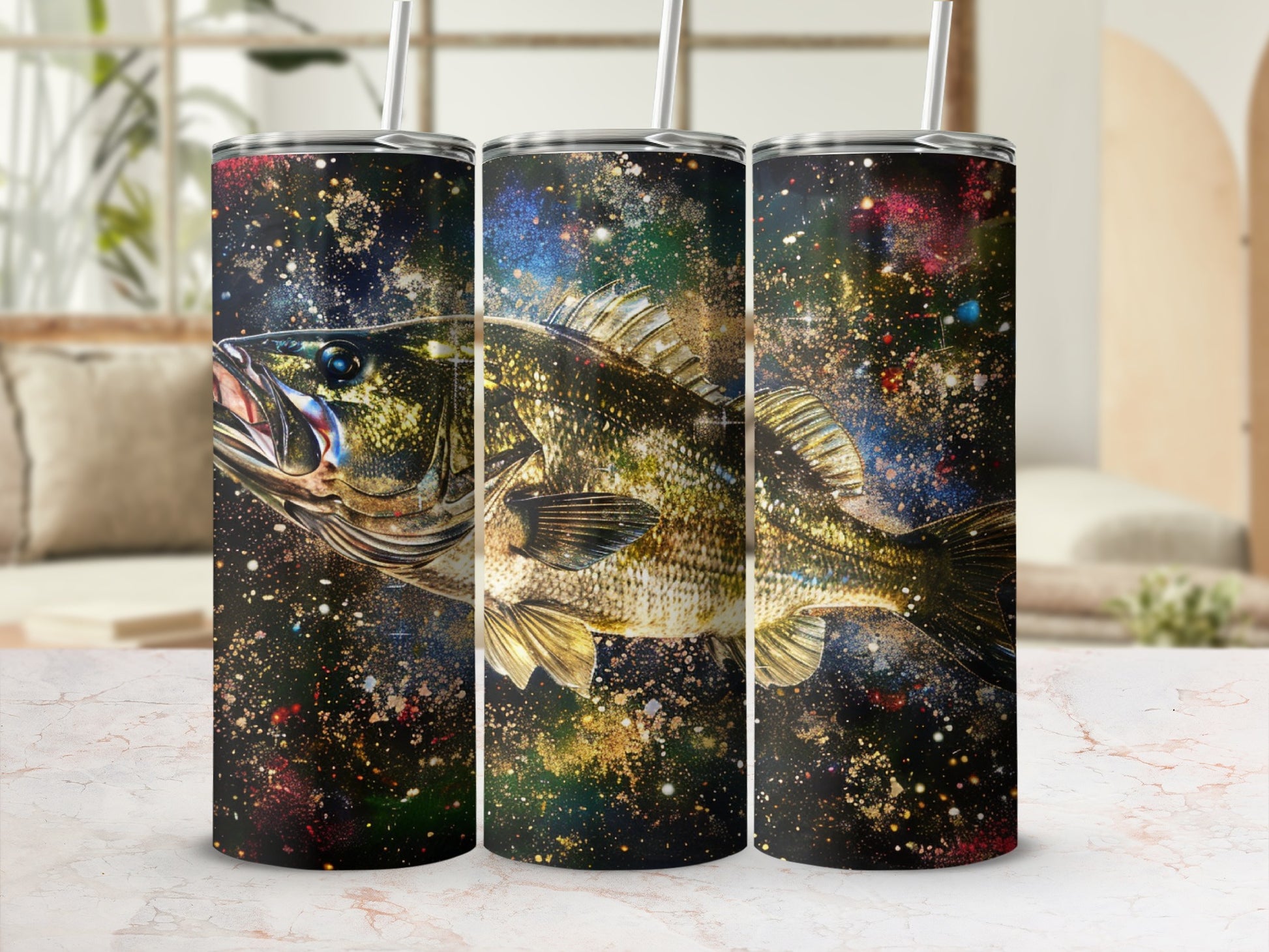 Large mouth bass with colorful cosmic splash background.