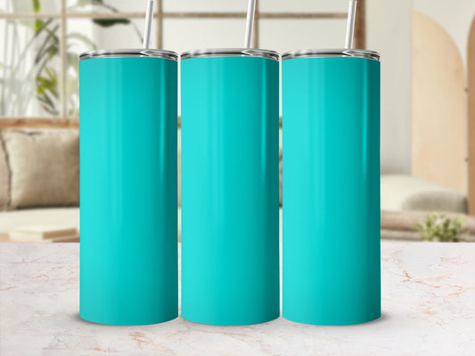 Three teal tumblers with straws on a marbled surface.