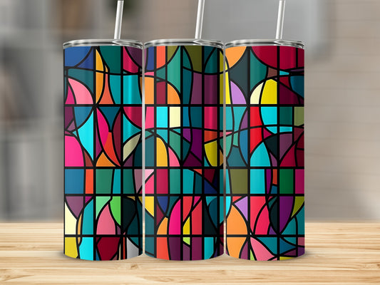 Three tumblers with a colorful stained-glass-like geometric pattern.