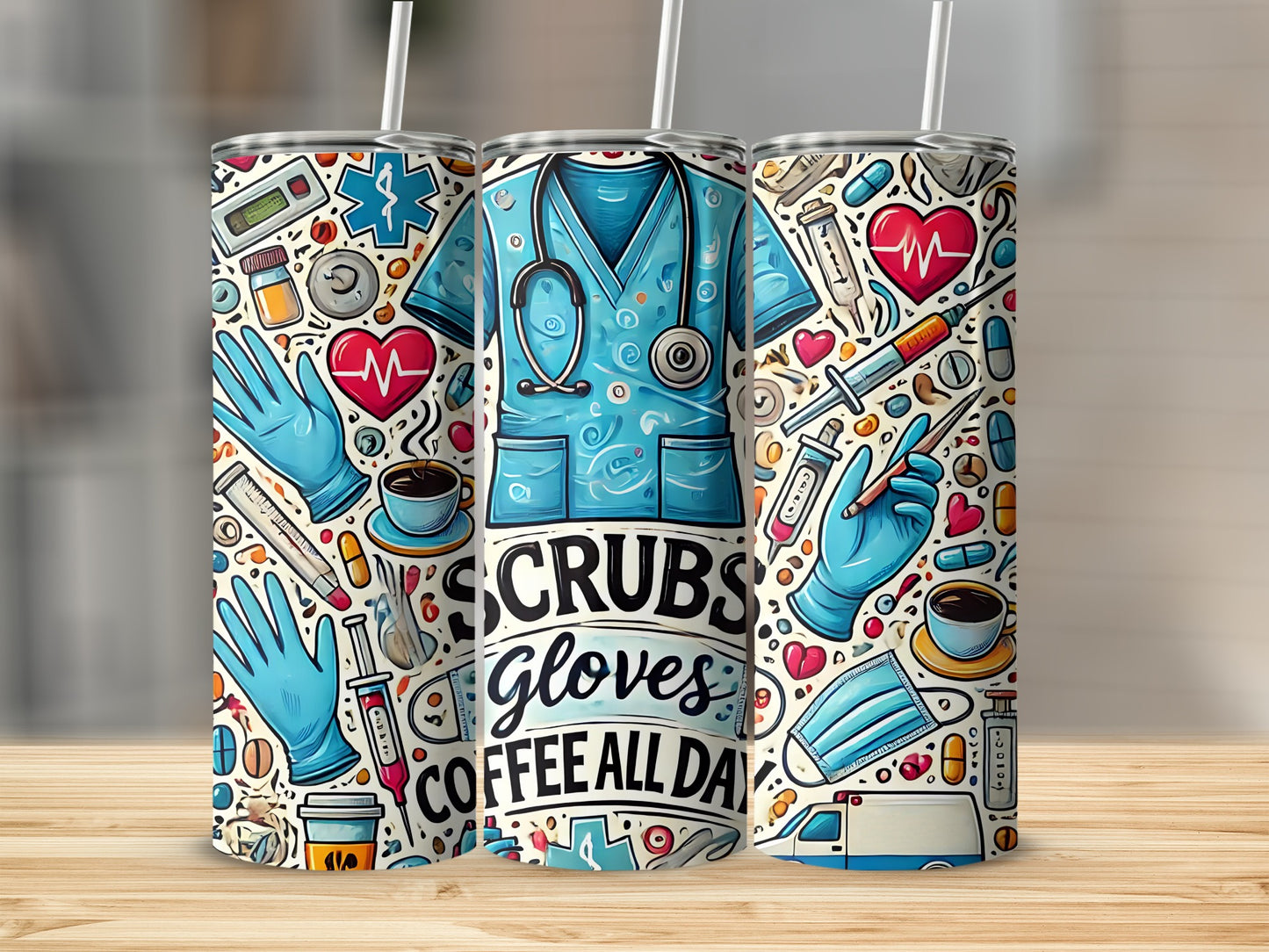 Tumbler with medical icons: scrubs, stethoscope, gloves, syringe, coffee cup.