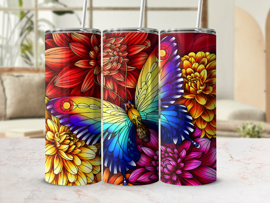 Three tumblers with colorful butterflies and dahlia flowers.