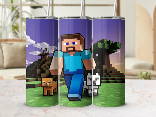 Minecraft characters Steve and Alex with dogs in a pixelated landscape.