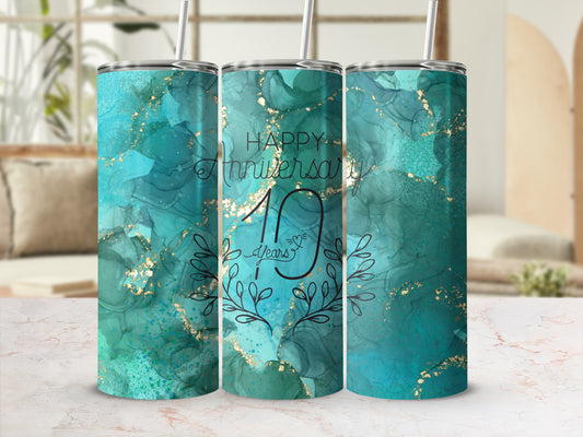 10th anniversary tumbler with teal marble and gold accents.
