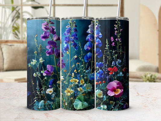 Dark blue tumbler with vibrant wildflowers, including purple irises and pink pansies.