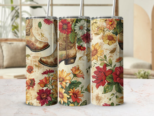 Cowboy boots and wildflowers on a vintage floral tumbler.