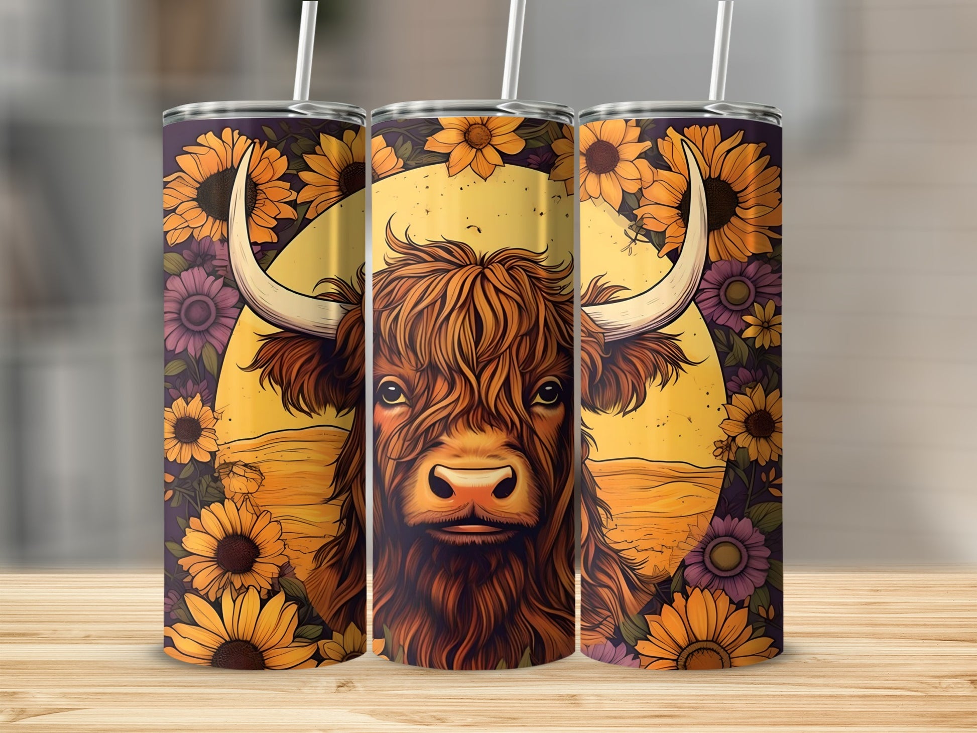 Highland Cow and Sunflower Art Tumbler Drinkware