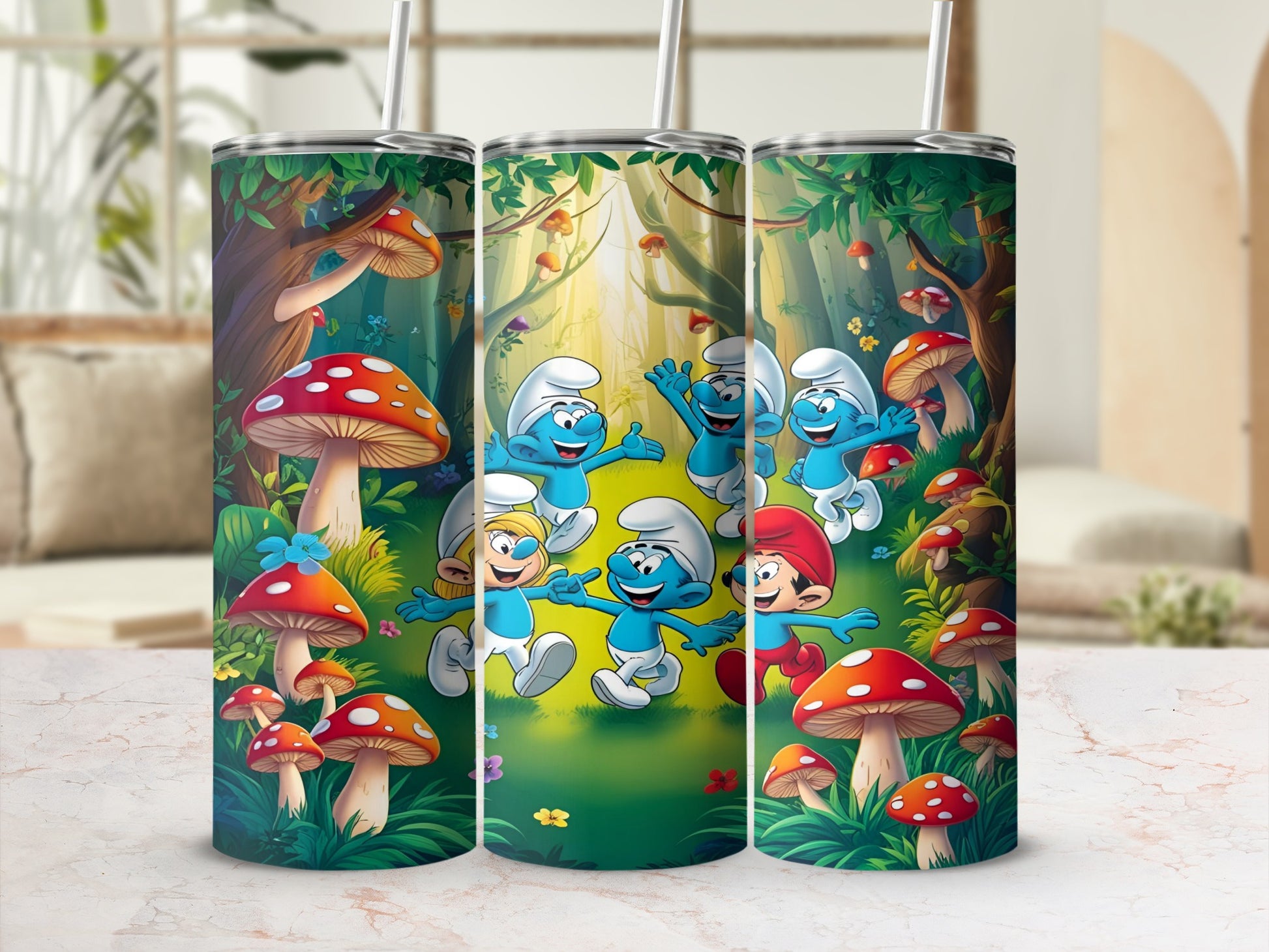 Smurfs dancing in a forest with mushrooms.