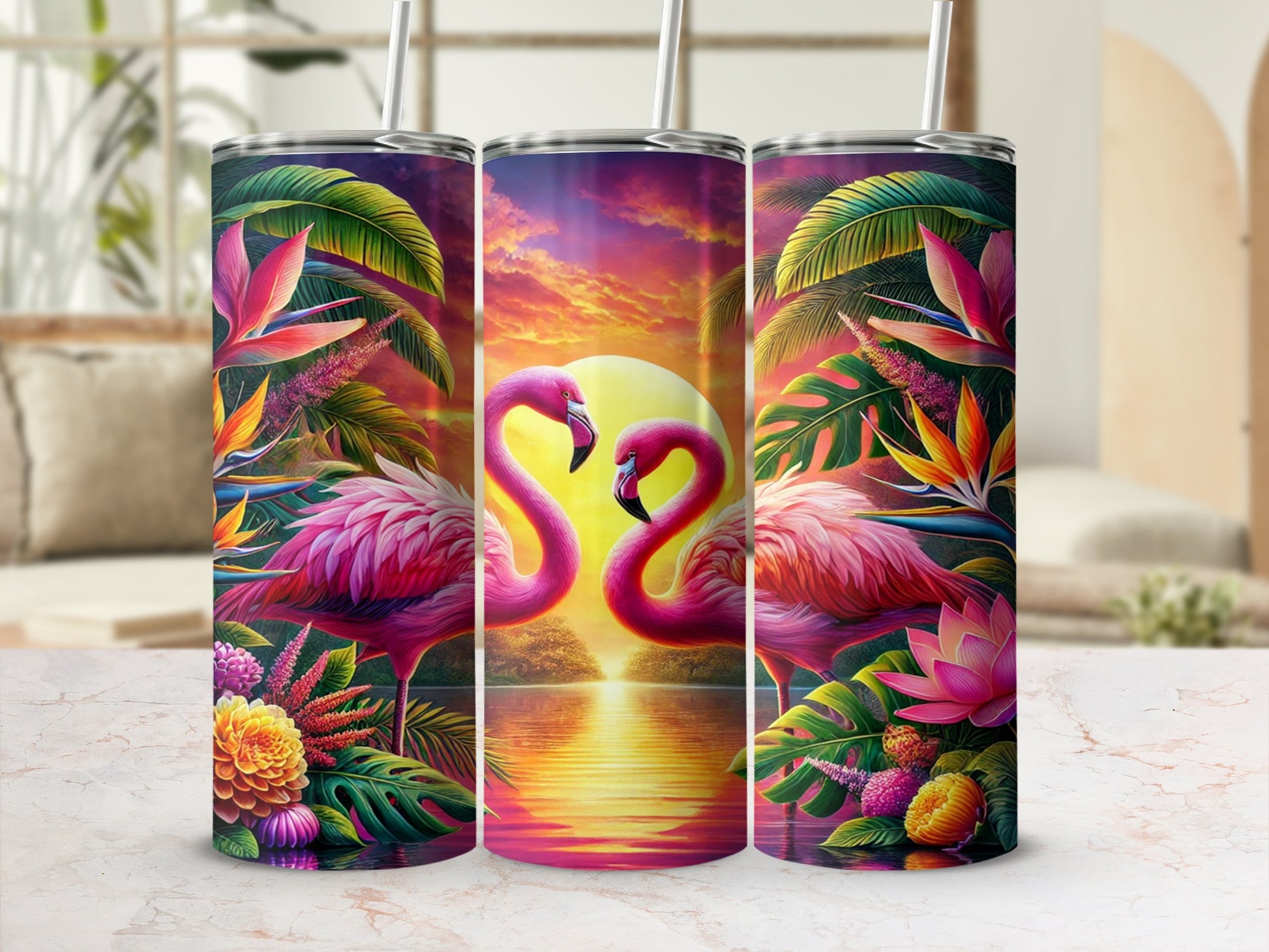 Vibrant Flamingo Sunset and Tropical Scene Tumbler