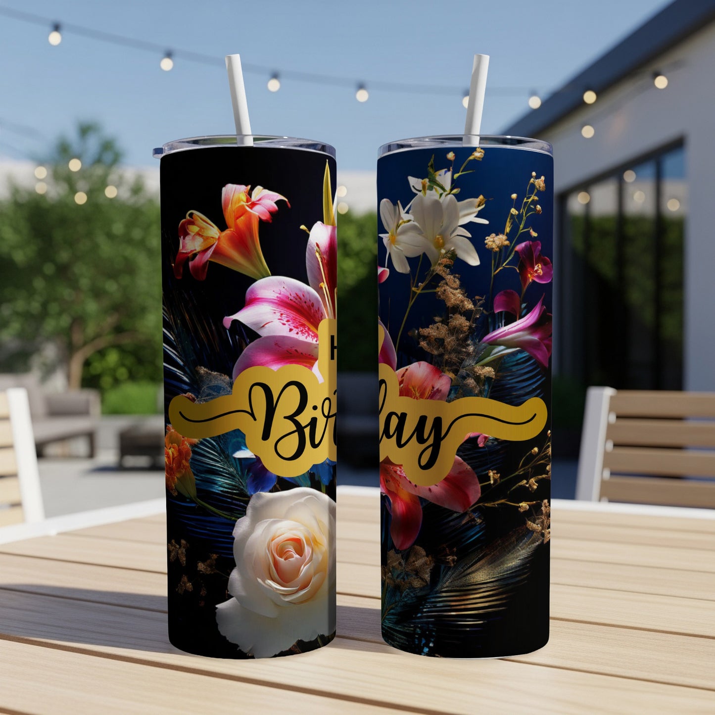 Two tumblers with "Happy Birthday" text surrounded by floral graphics.