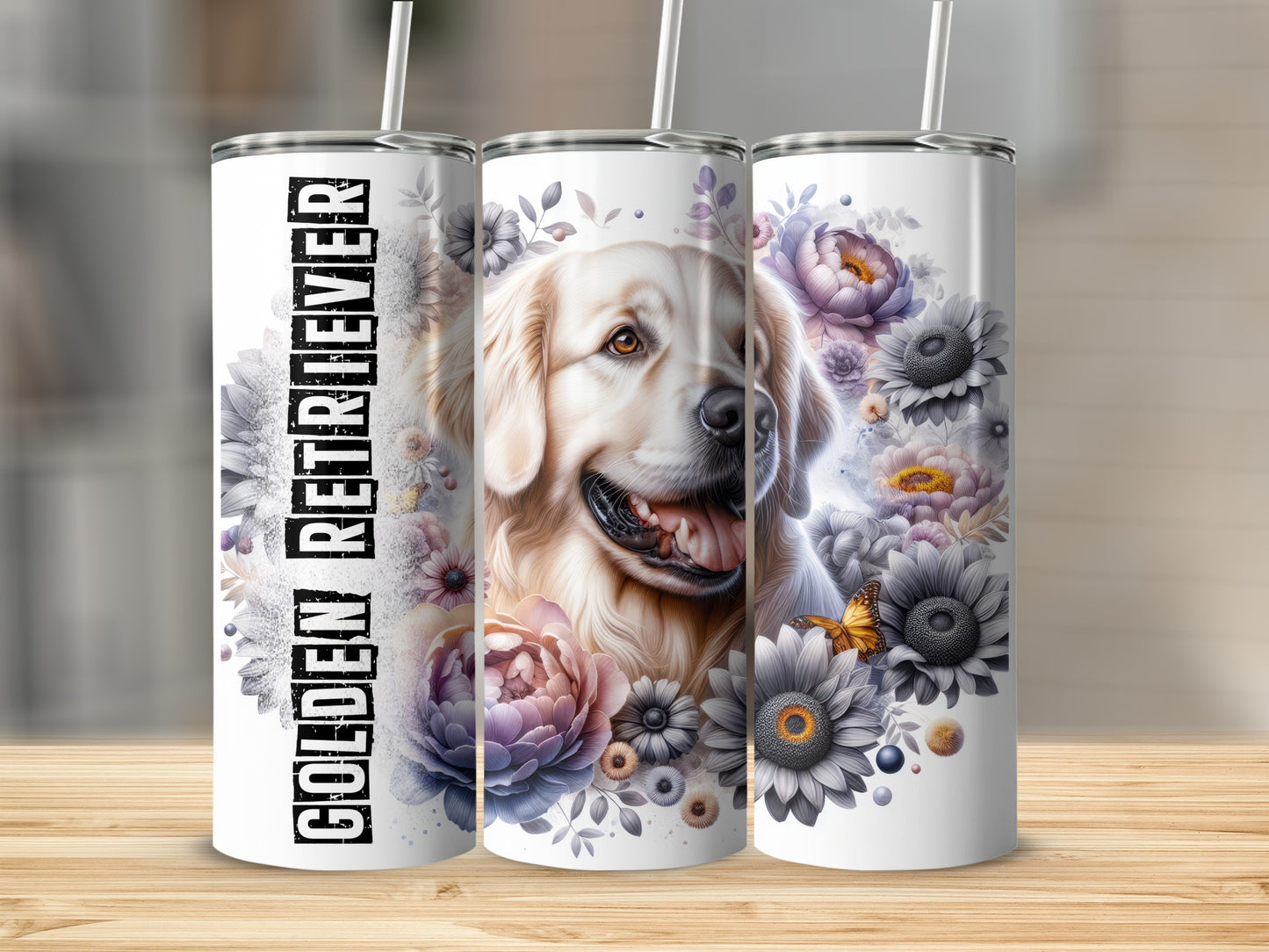 Golden Retriever with floral accents on a tumbler.