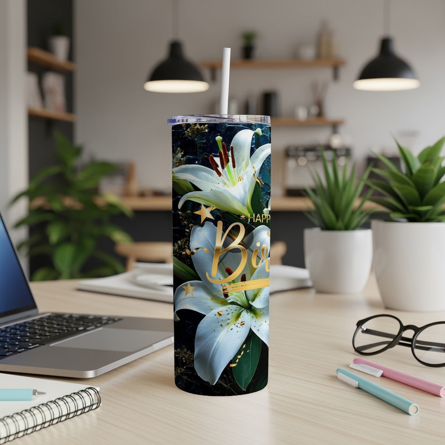 Tumbler with white lilies and gold "Happy Birthday" text.