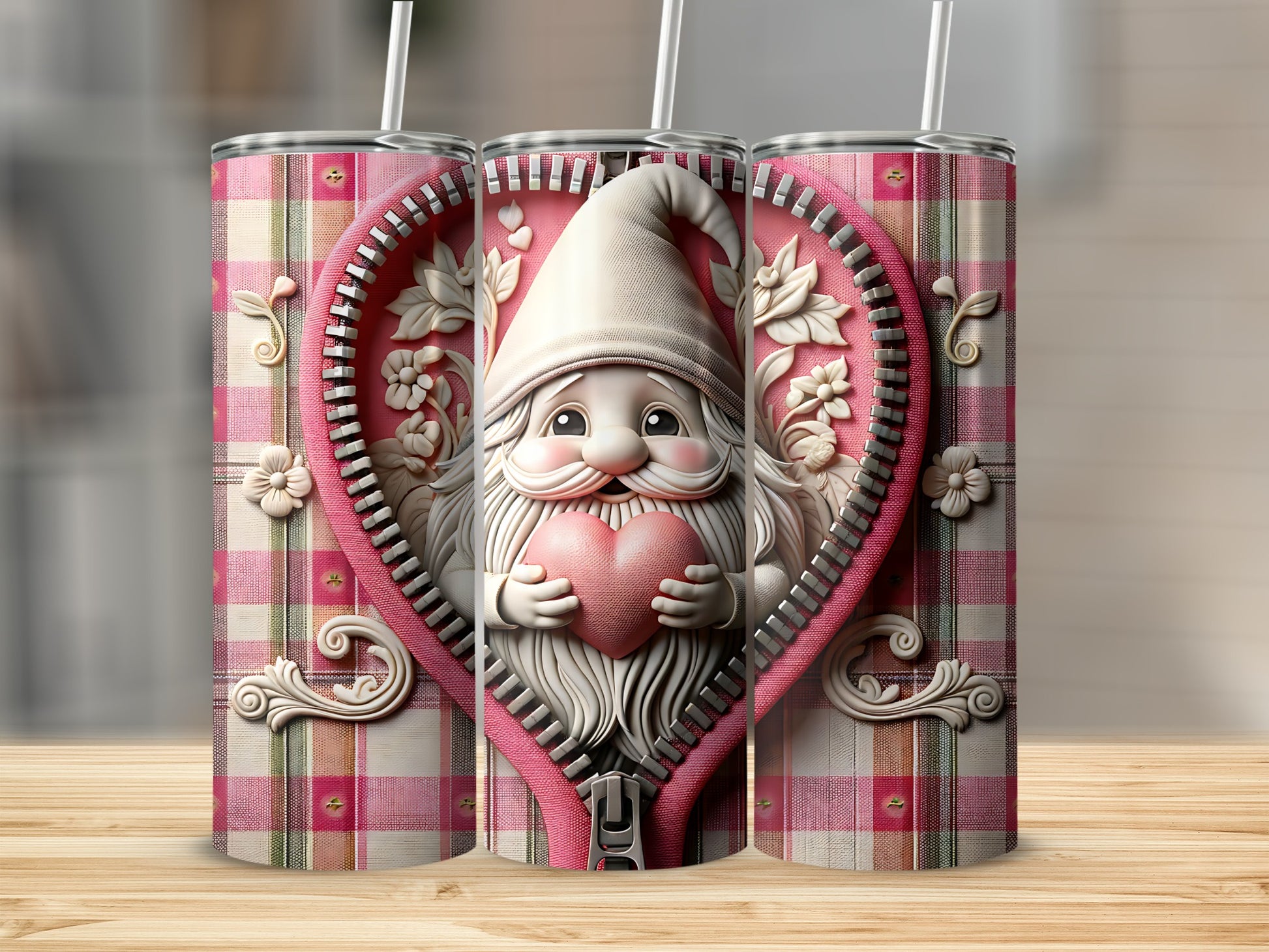 Gnome holding pink heart inside zippered heart design on plaid tumbler.