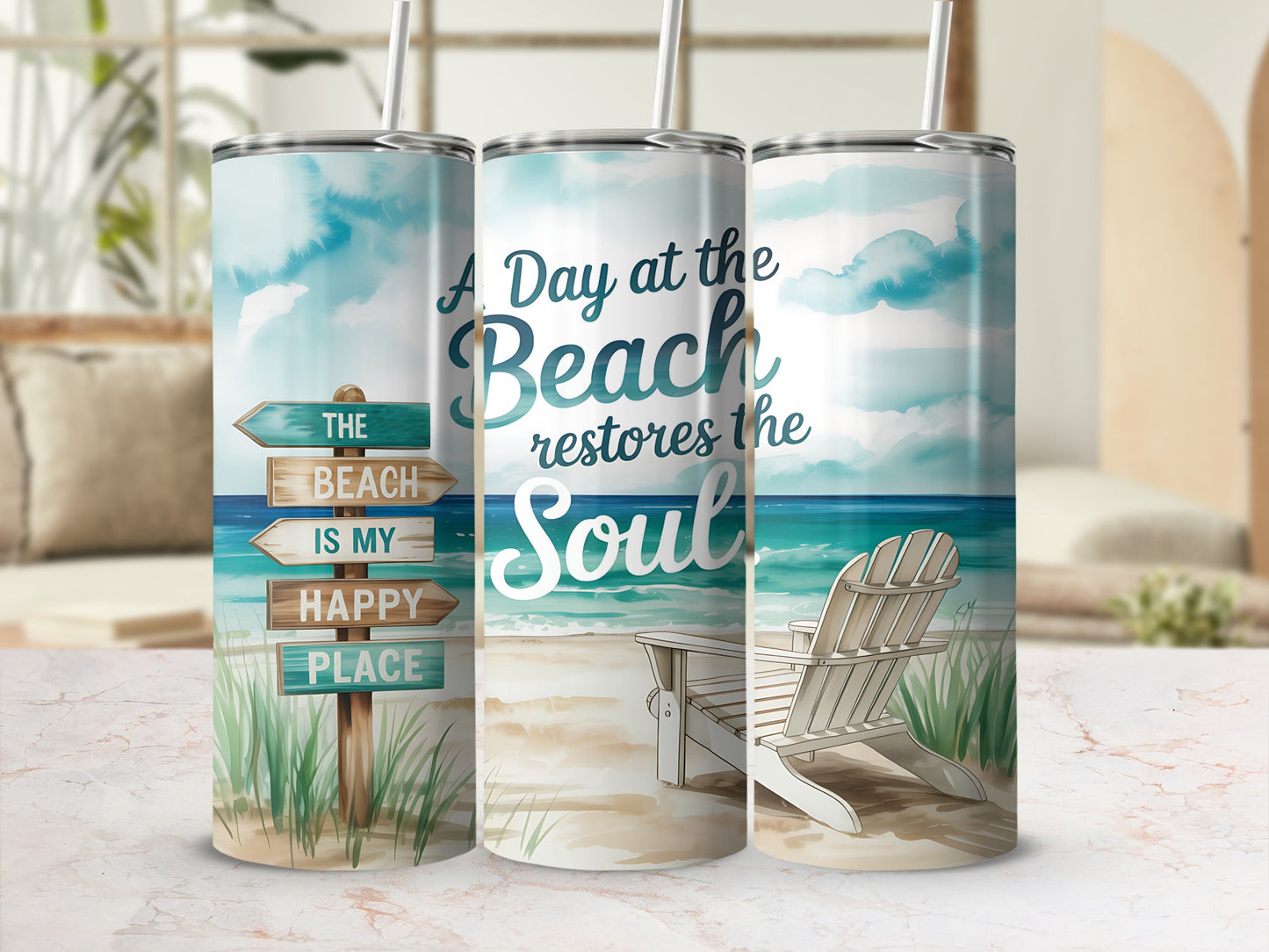 Beach scene with Adirondack chair, directional signs, and quote "A Day at the Beach Restores the Soul."
