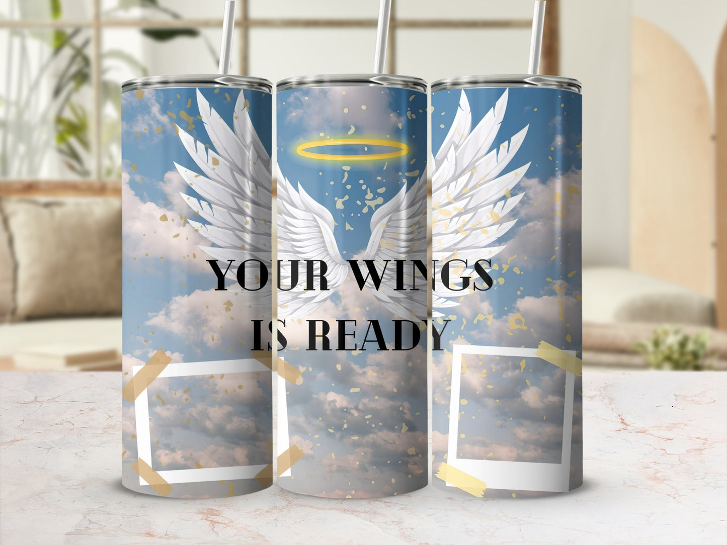 Tumbler with wings, halo, and text "YOUR WINGS IS READY".