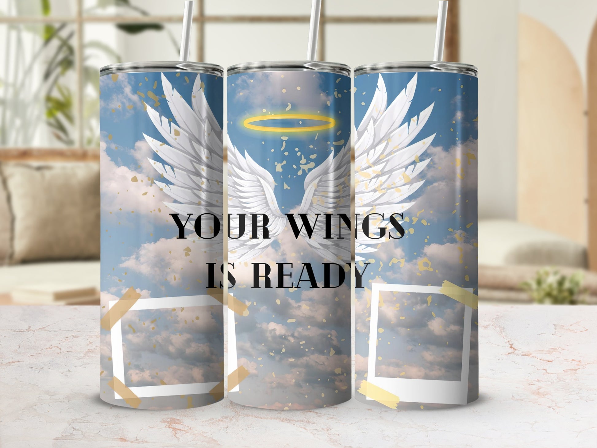 Tumbler with wings, halo, and text "YOUR WINGS IS READY".