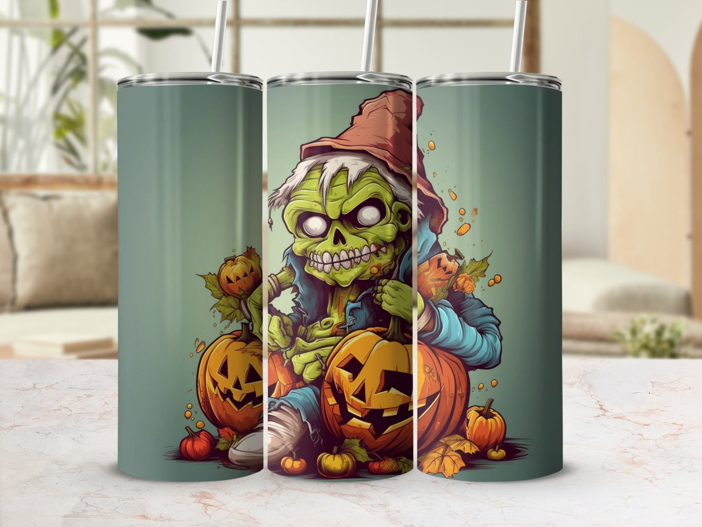 Spooky Skeleton with Pumpkins Halloween Tumbler