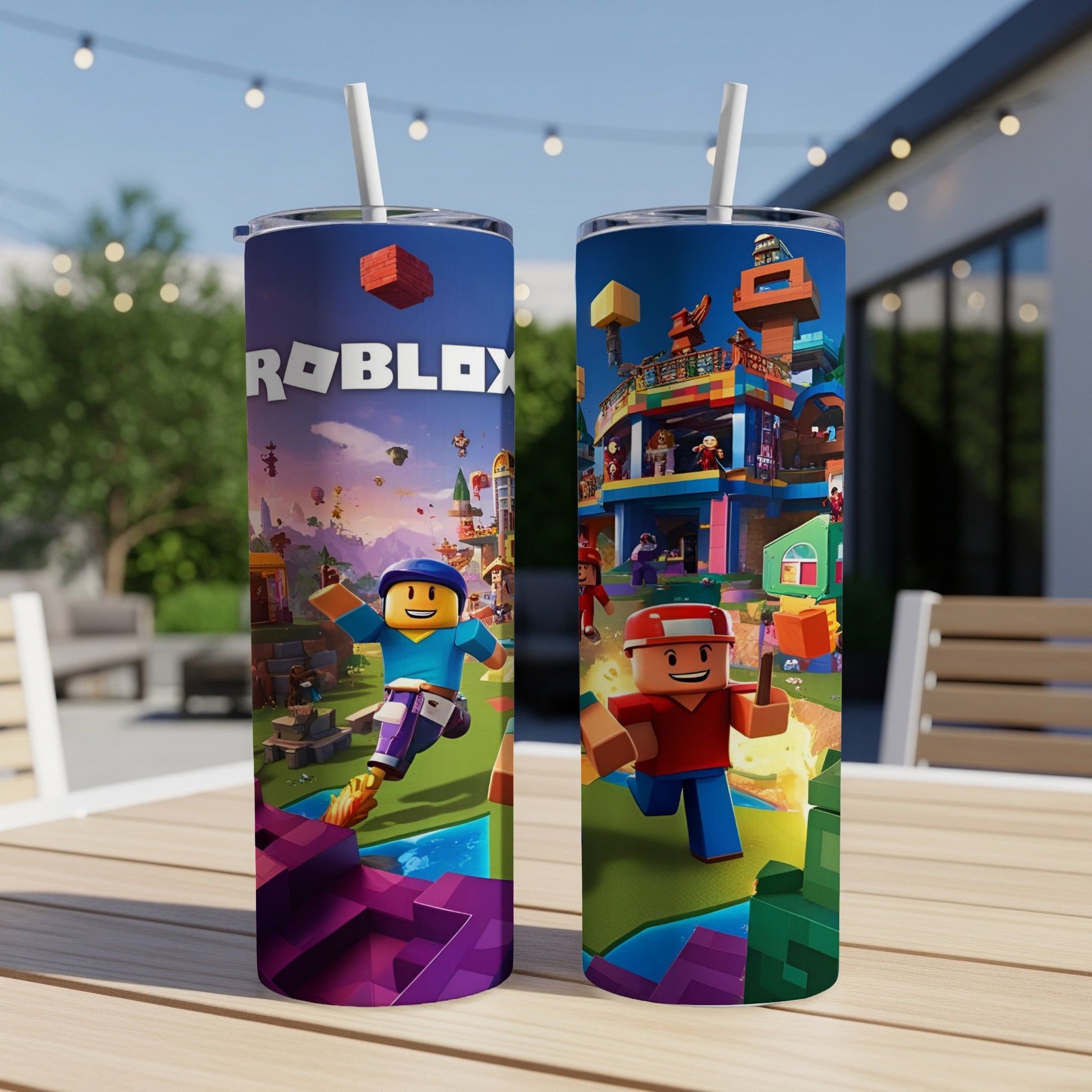 Roblox characters running through colorful game worlds on two tumblers.