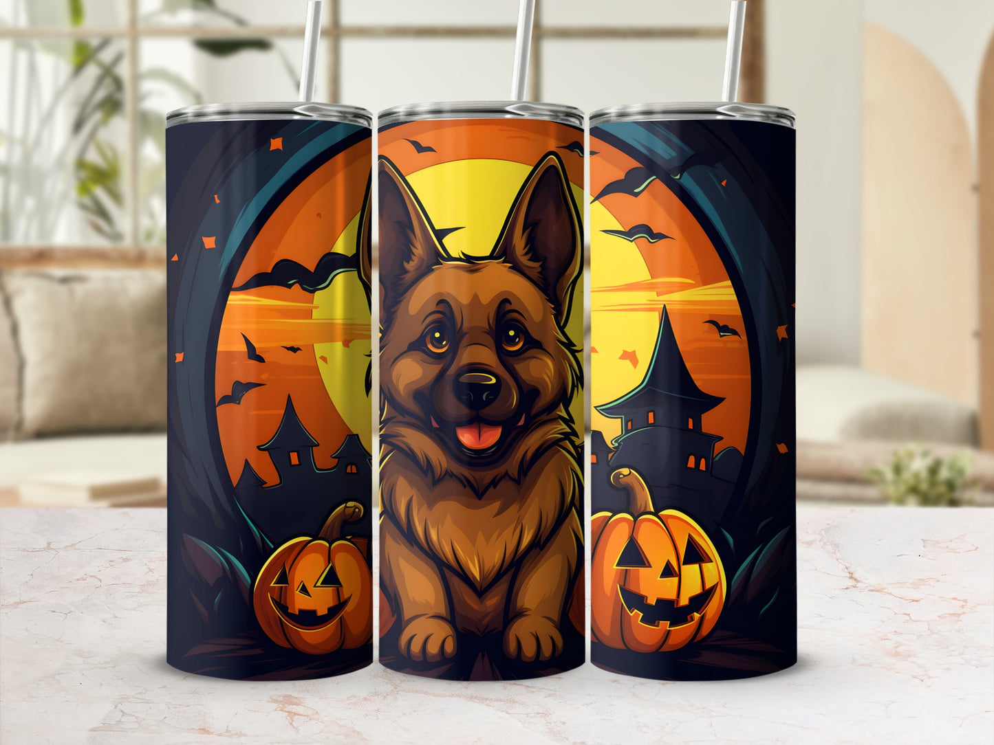 German Shepherd in Halloween scene with pumpkins and haunted houses on three tumblers.