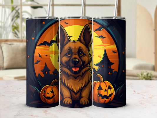 German Shepherd in Halloween scene with pumpkins and haunted houses on three tumblers.