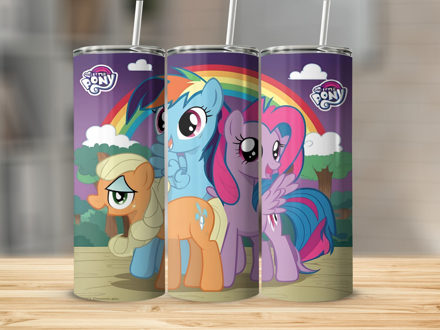 My Little Pony characters Rainbow Dash, Pinkie Pie, and Applejack on a tumbler.