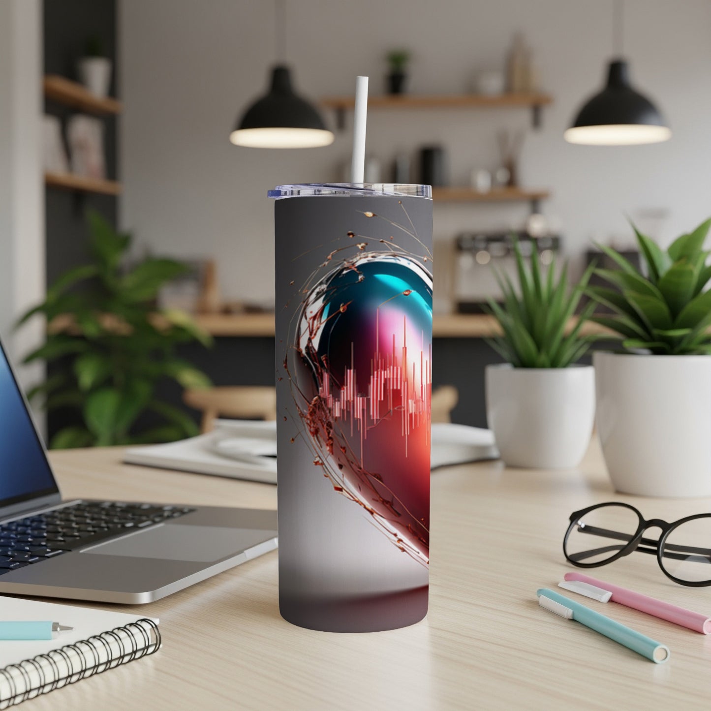 Tumbler with heart-shaped graphic and financial chart overlay.
