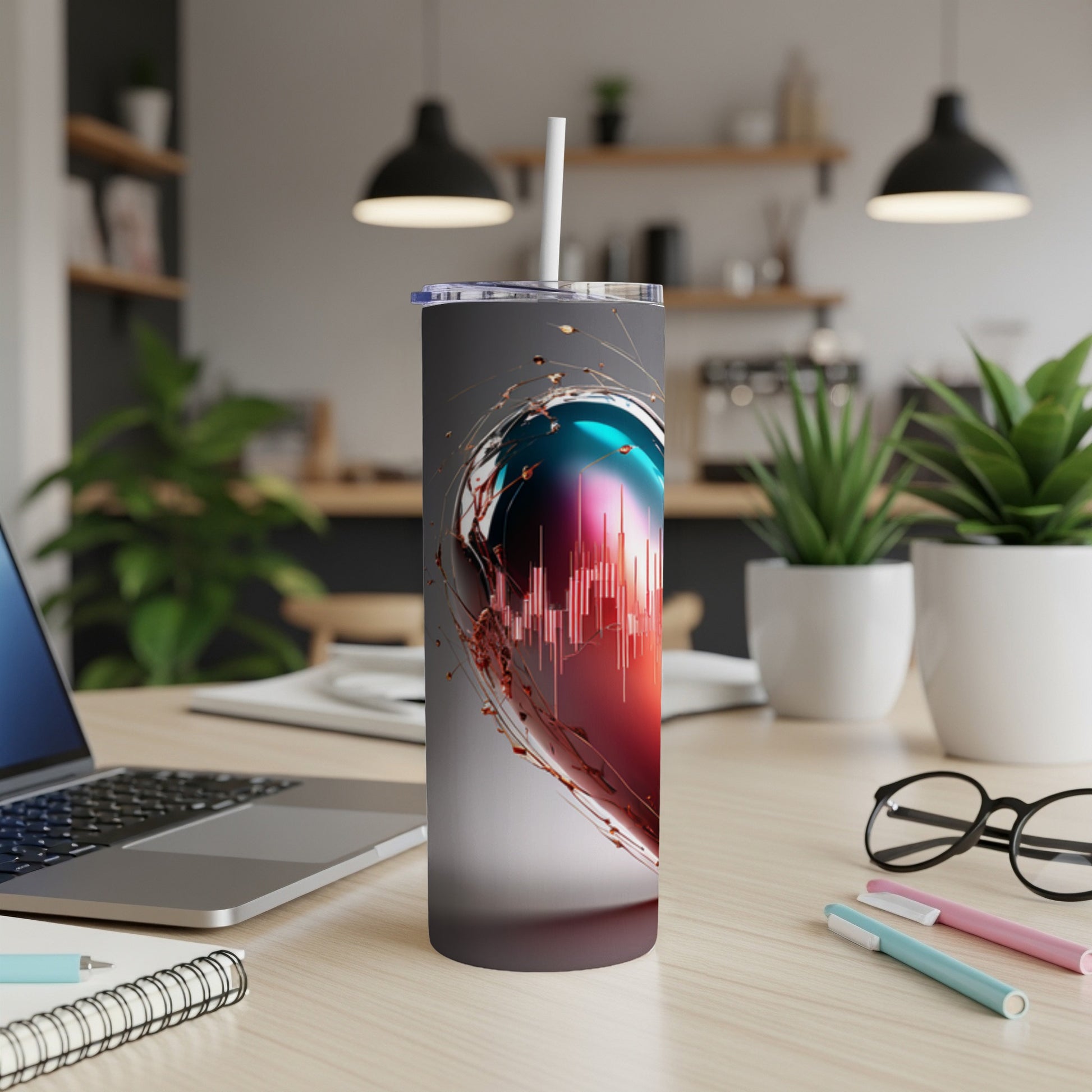 Tumbler with heart-shaped graphic and financial chart overlay.