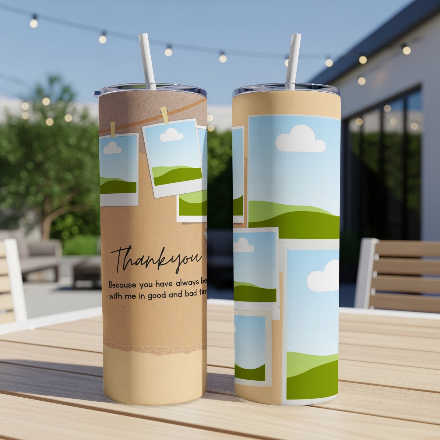 Two tumblers with a collage of landscape photos and "Thank you" text.