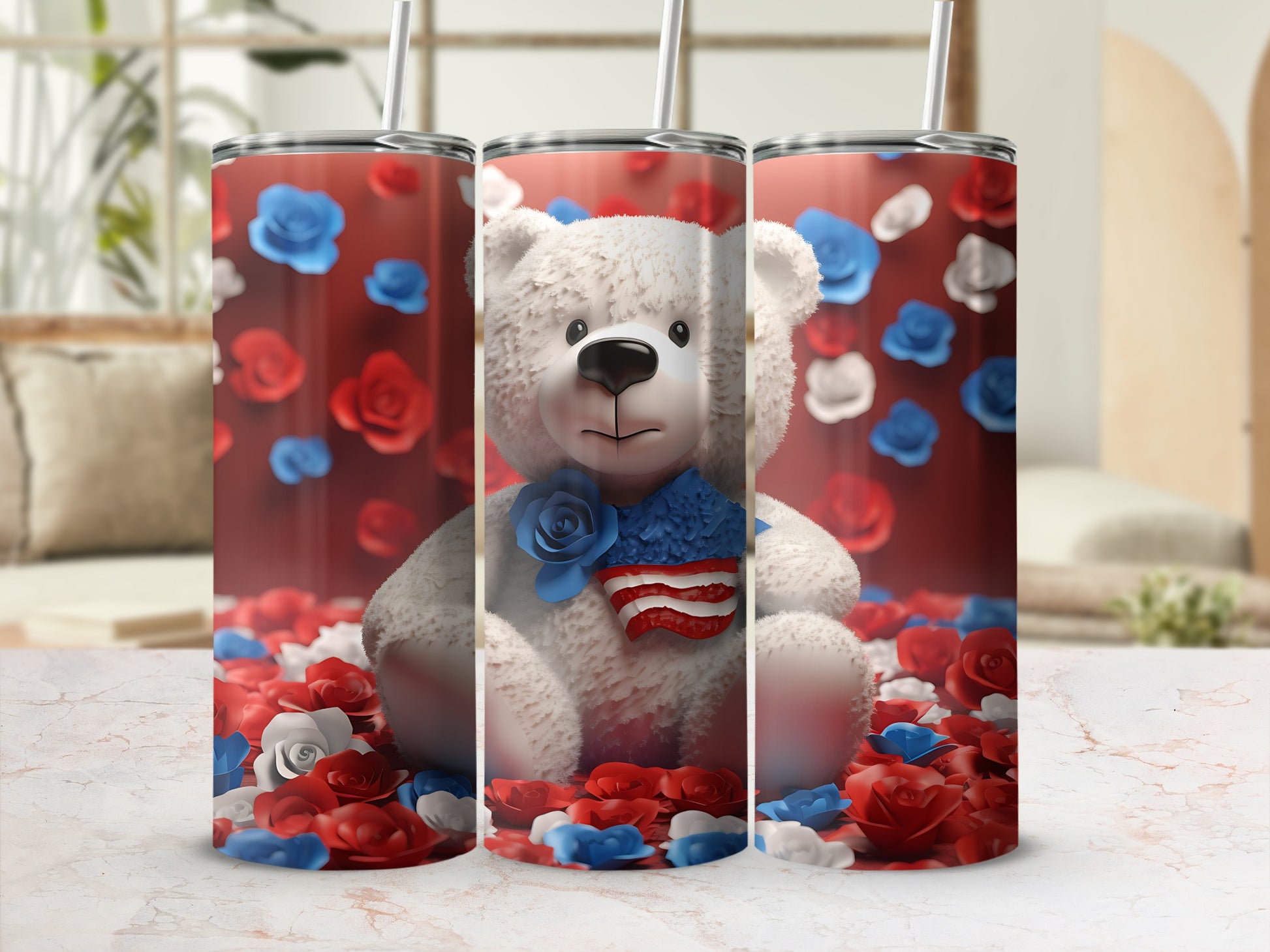 White teddy bear with American flag ribbon sitting among red and blue roses.