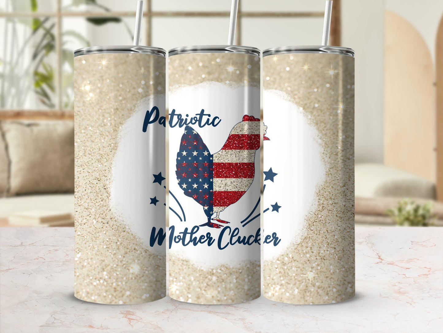 Glittery tumbler with a patriotic chicken and "Mother Clucker" text.