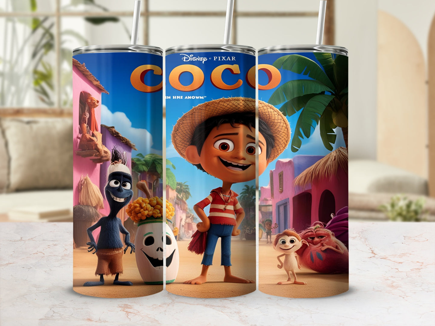 Coco movie characters Miguel, Hector, and Dante on a tumbler.