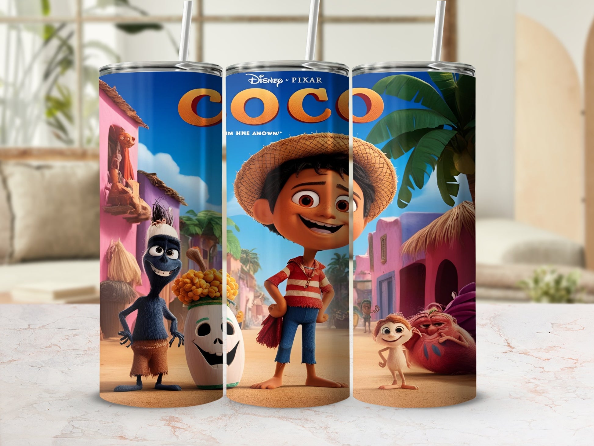 Coco movie characters Miguel, Hector, and Dante on a tumbler.