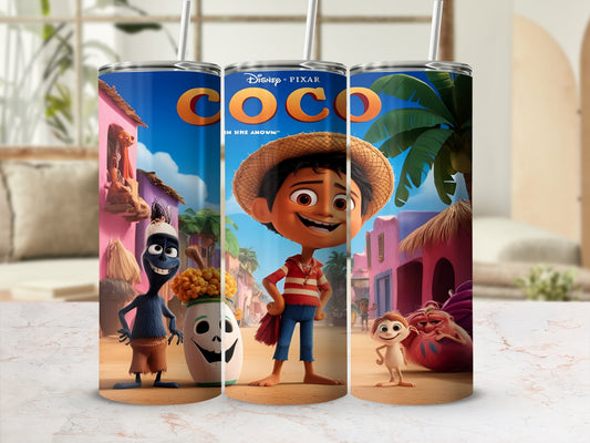 Coco movie characters Miguel, Hector, and Dante on a tumbler.