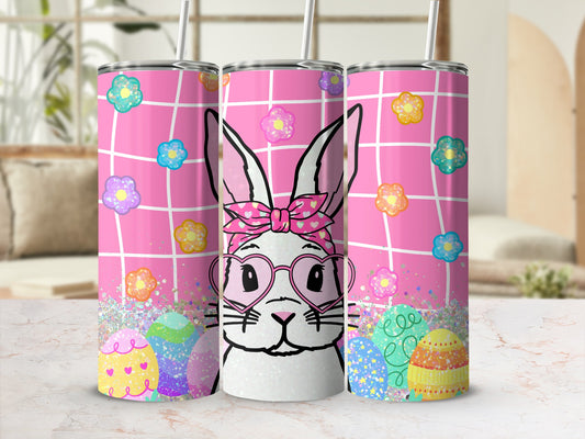 Pink bunny with sunglasses and patterned Easter eggs on a grid background.