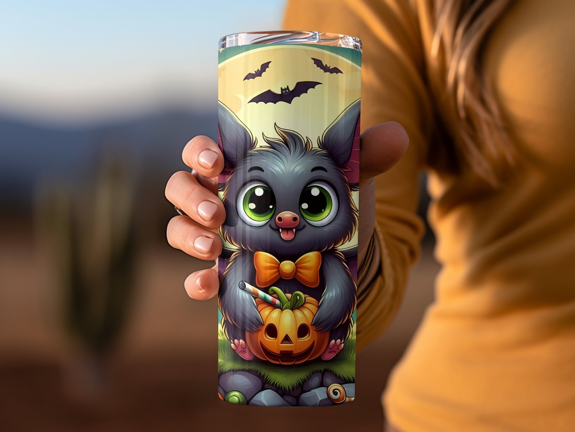 Cute Halloween Bat Kawaii Tumbler with Jack-O-Lantern