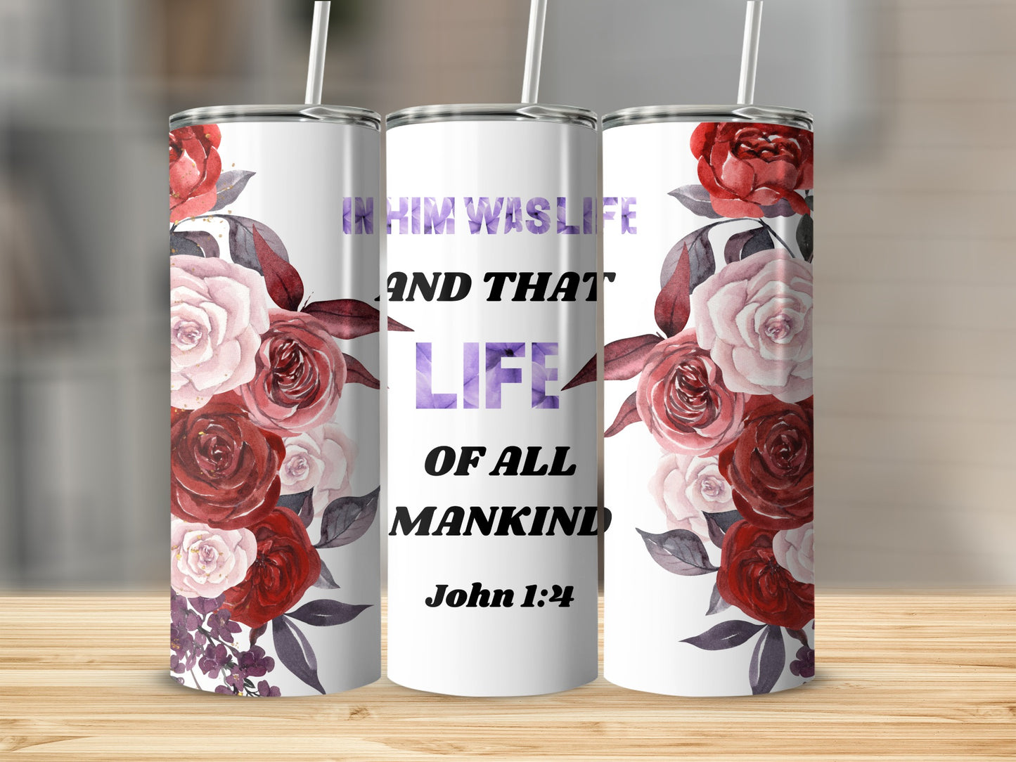 In Him Was Life John 1:4 Tumbler with Floral Design