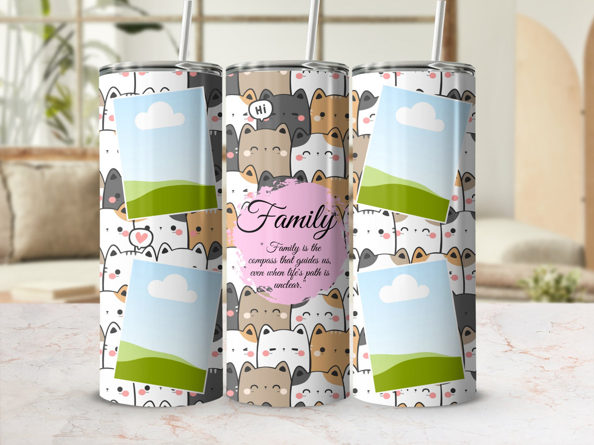 Tumbler with cat pattern, photo frames, and "Family" quote.