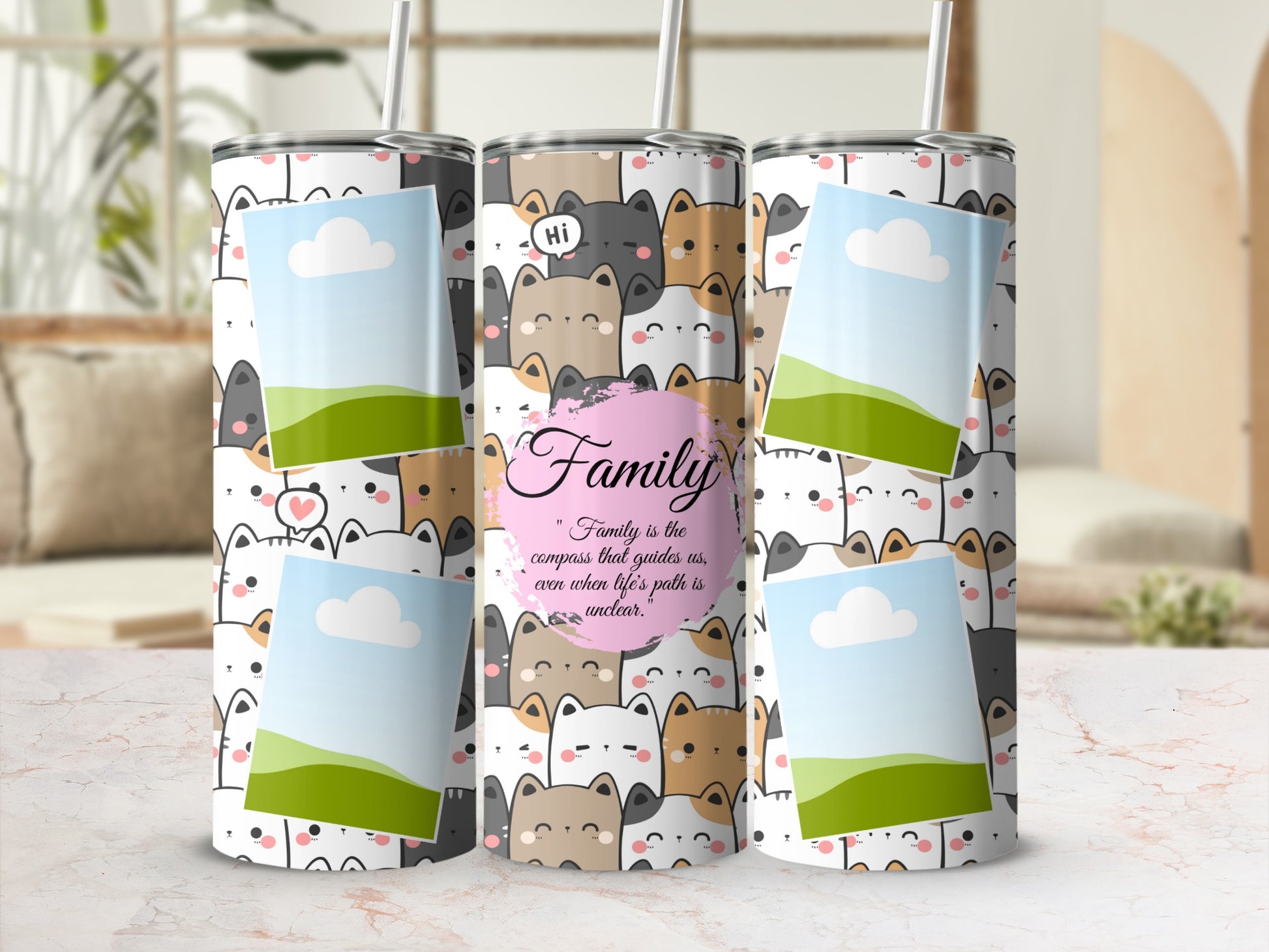 Tumbler with cat pattern, photo frames, and "Family" quote.