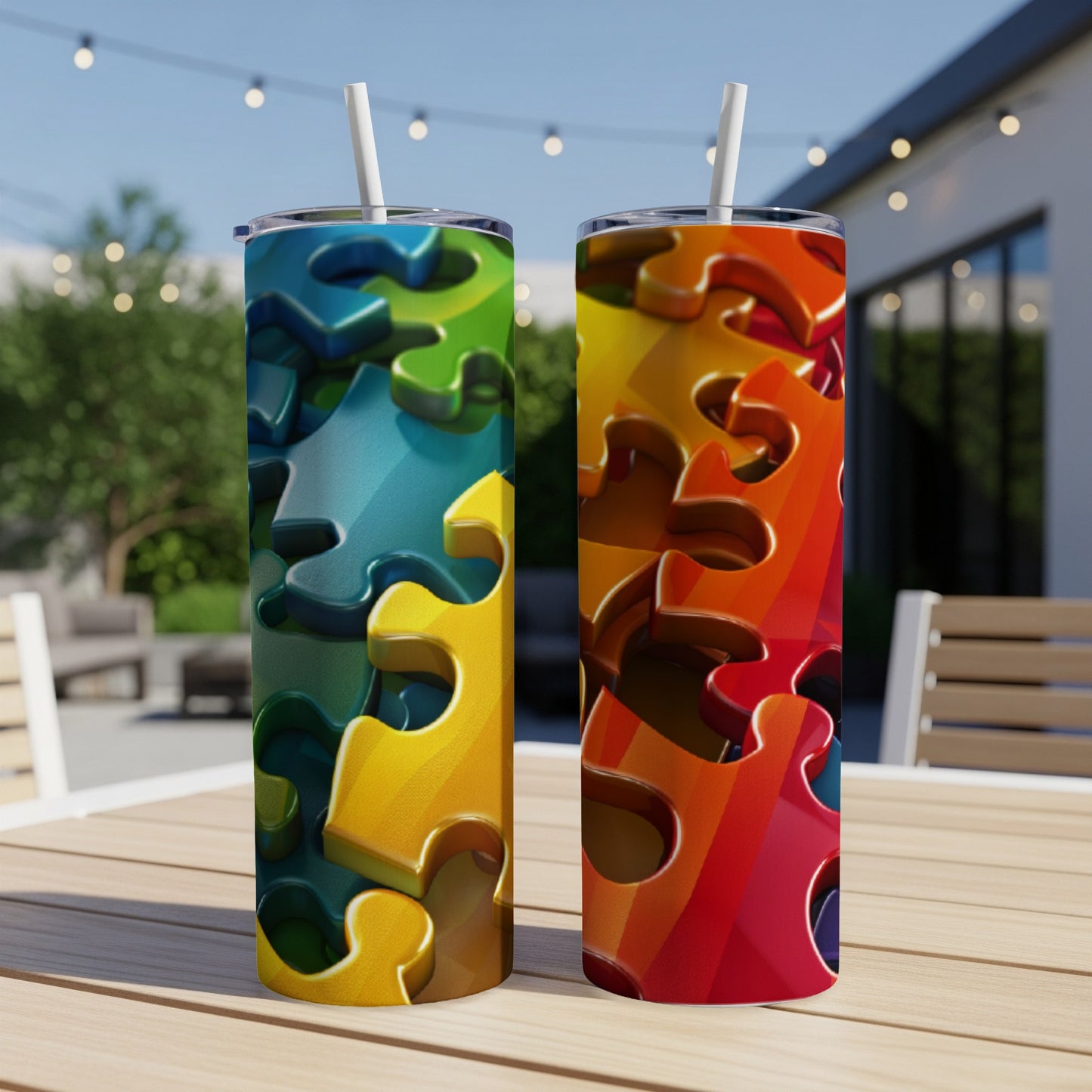 Two tumblers with colorful puzzle piece designs on a wooden table.