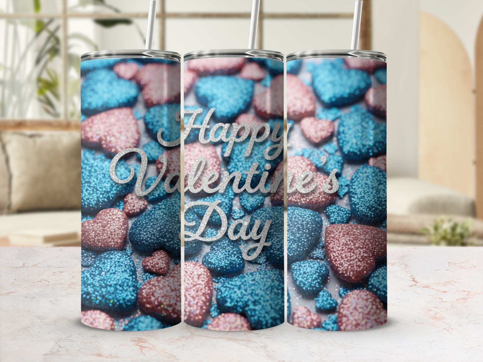 Happy Valentine's Day Glitter Hearts Tumbler