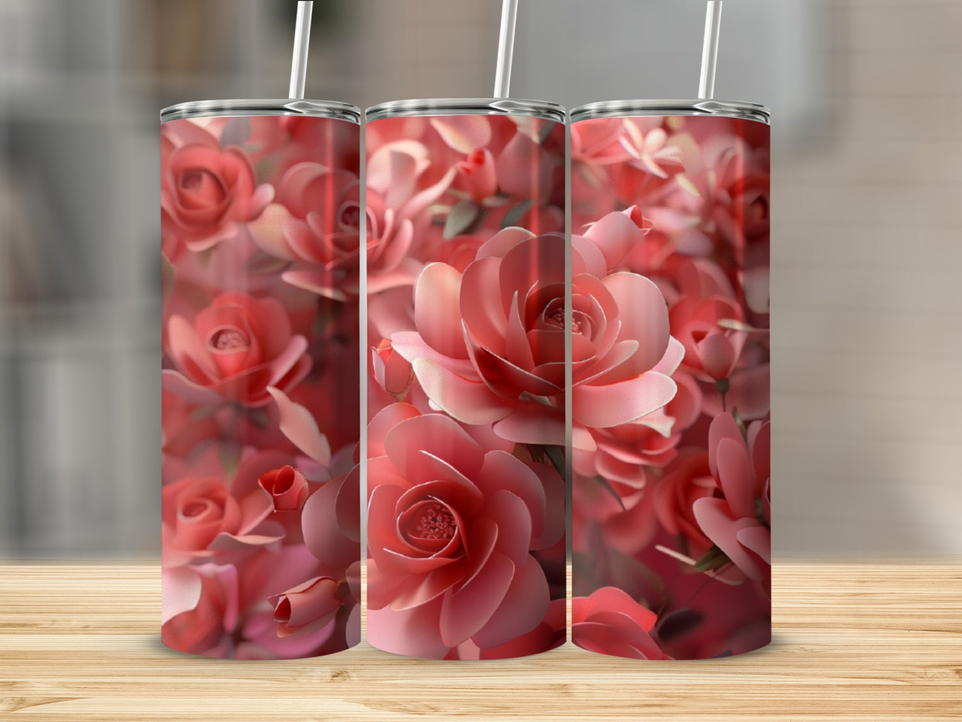 Three tumblers with a realistic pink rose floral pattern.