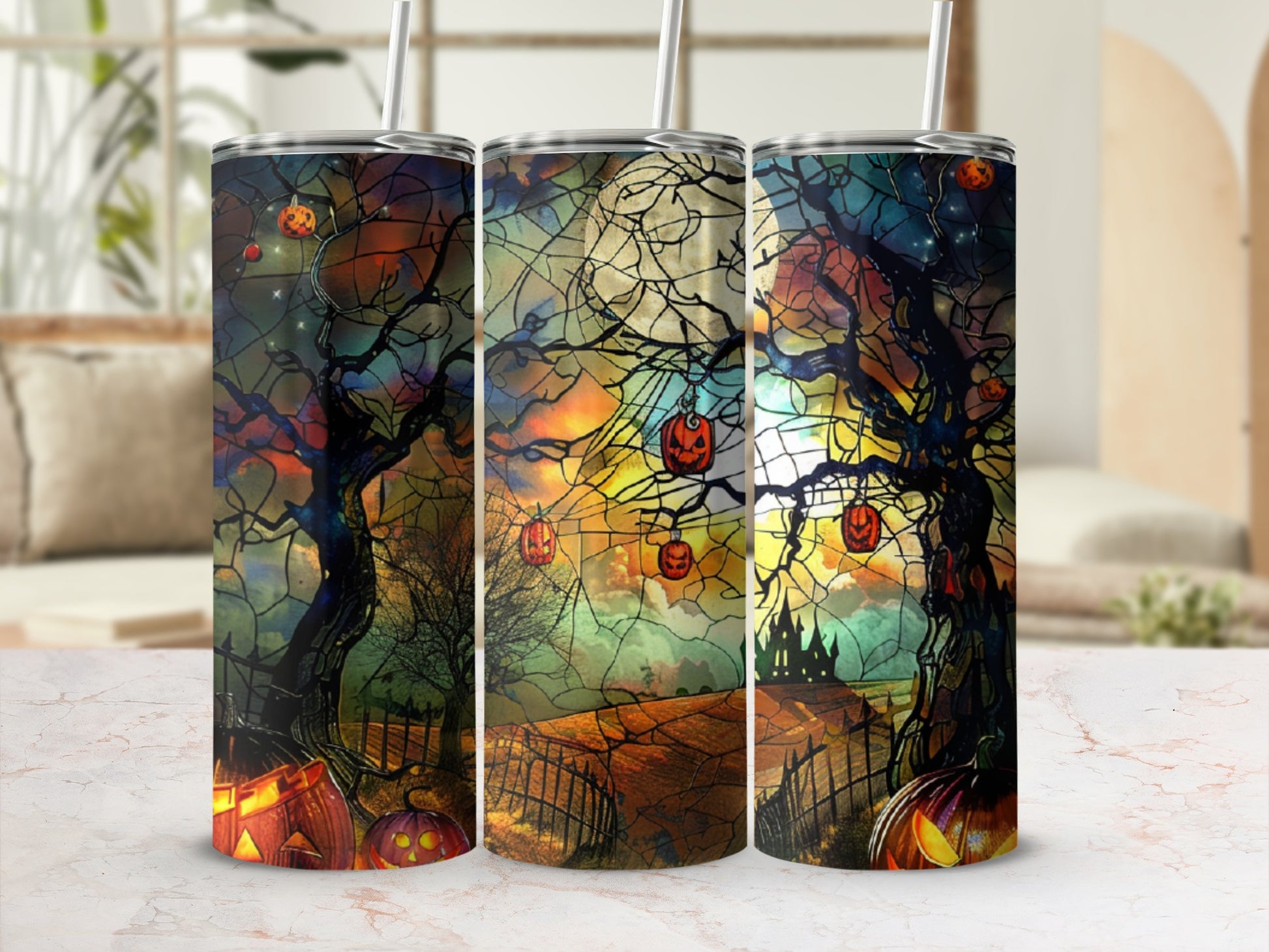 Halloween scene with pumpkins, bare trees, and an arched fence.