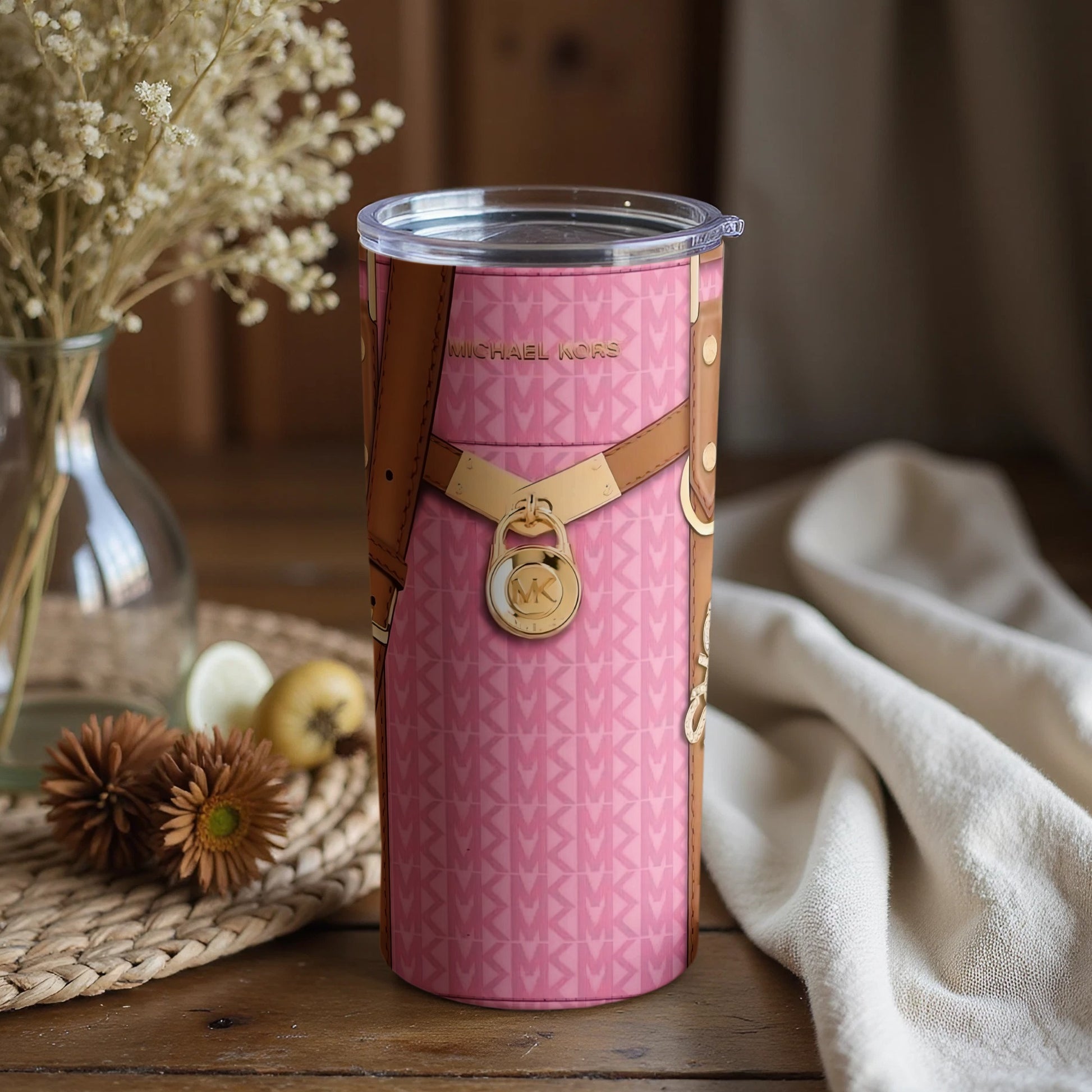 Pink Designer Tumbler with Gold Accent Strap Detailing