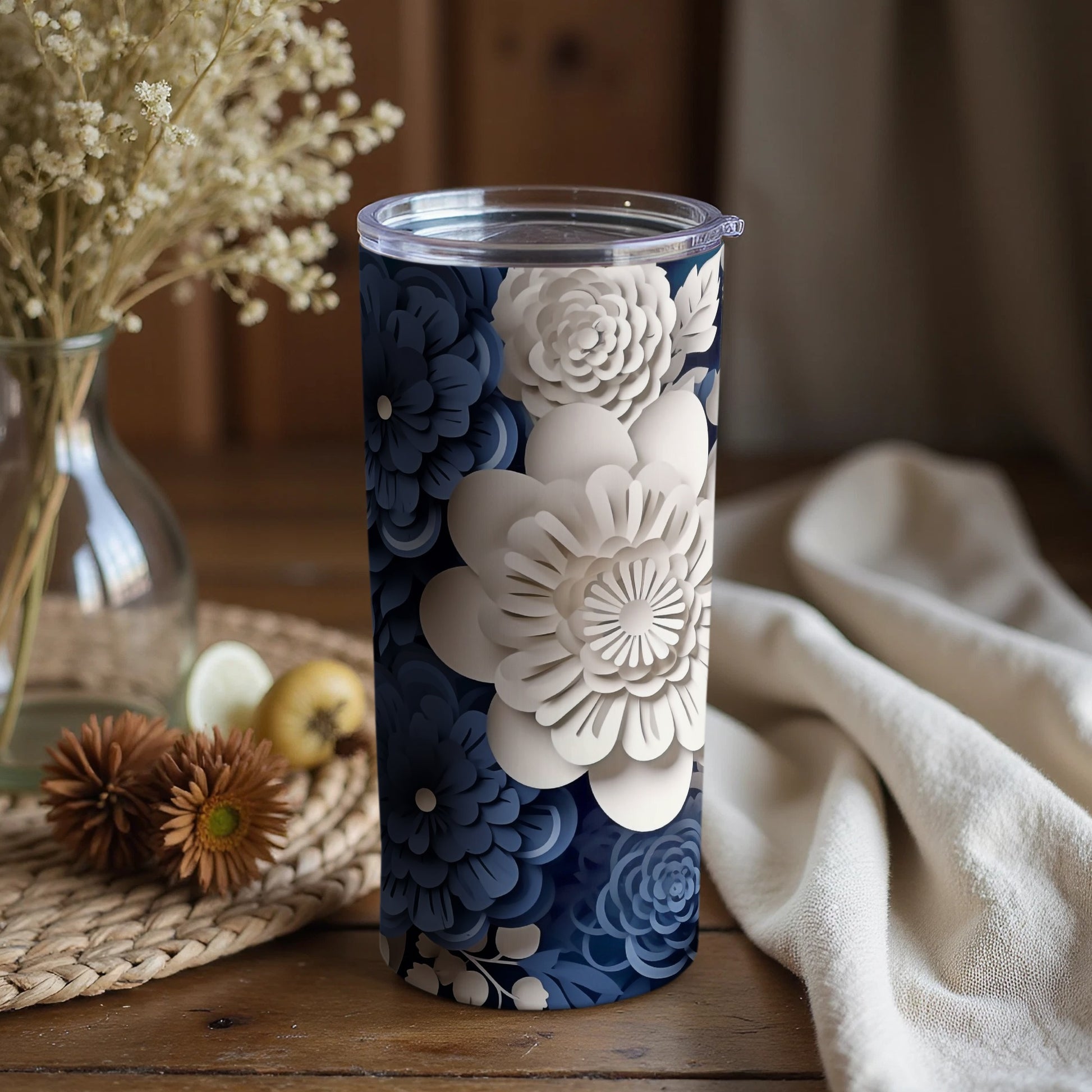 Floral Navy and White Patterned Tumbler Cup