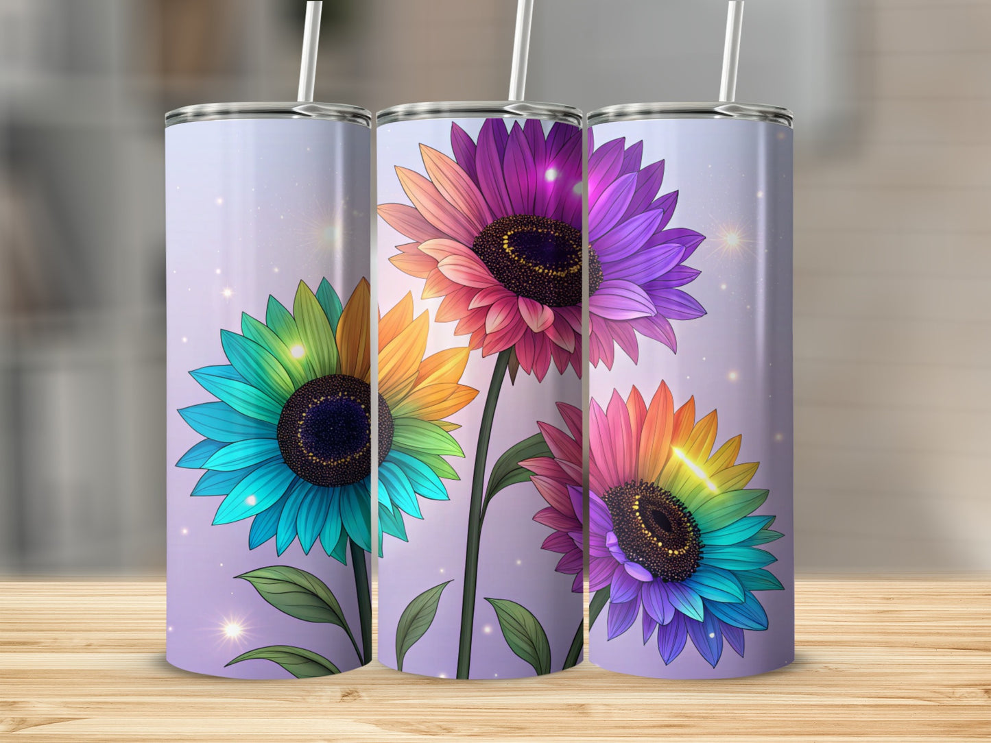 Colorful Sunflower Design on Purple Background Tumbler